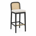 Tabouret de bar en bois avec dossier en rotin et assise en polyester 110 cm Noir/Beige