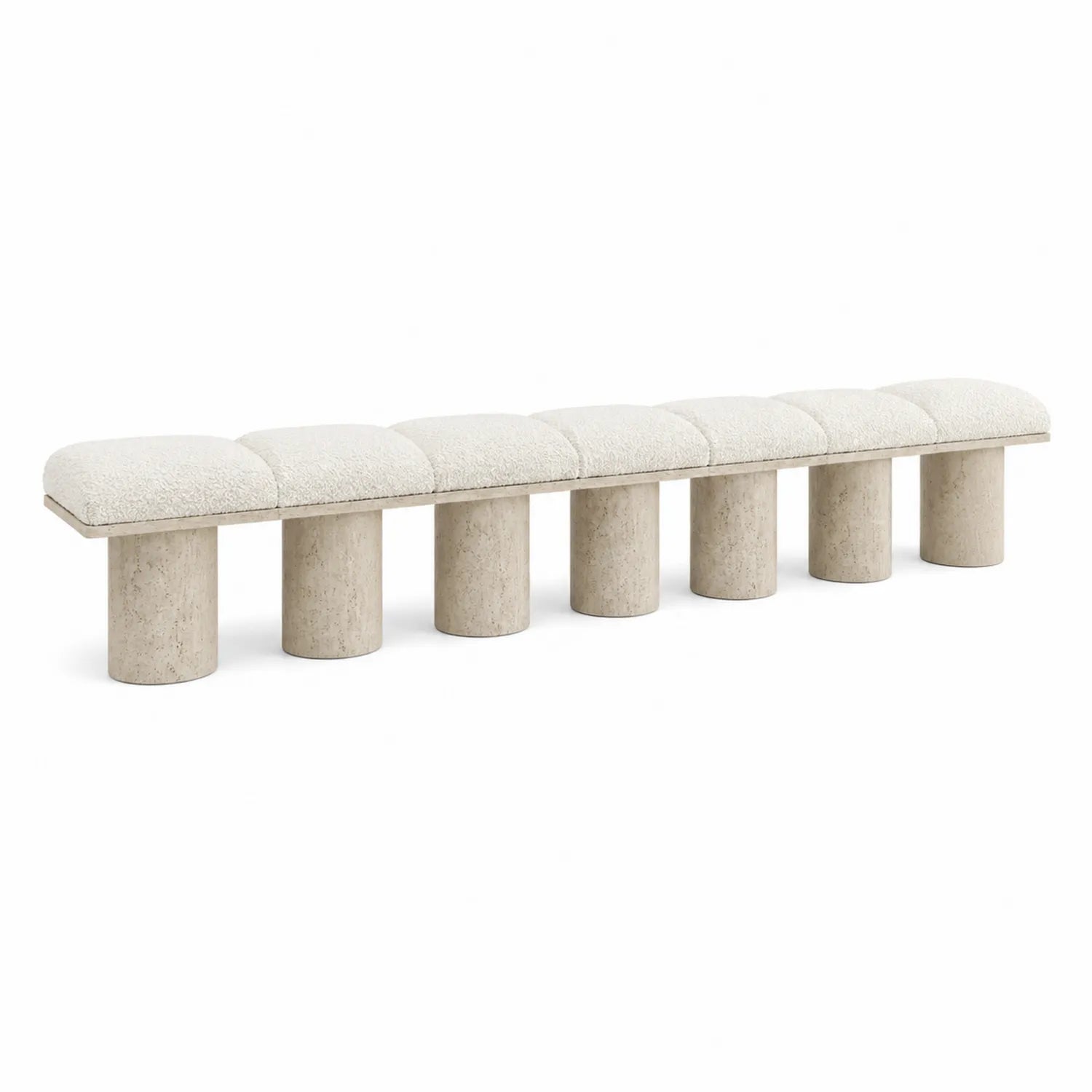 Banc long en laine bouclée avec pieds en pierre, Blanc, 200x40x45 cm