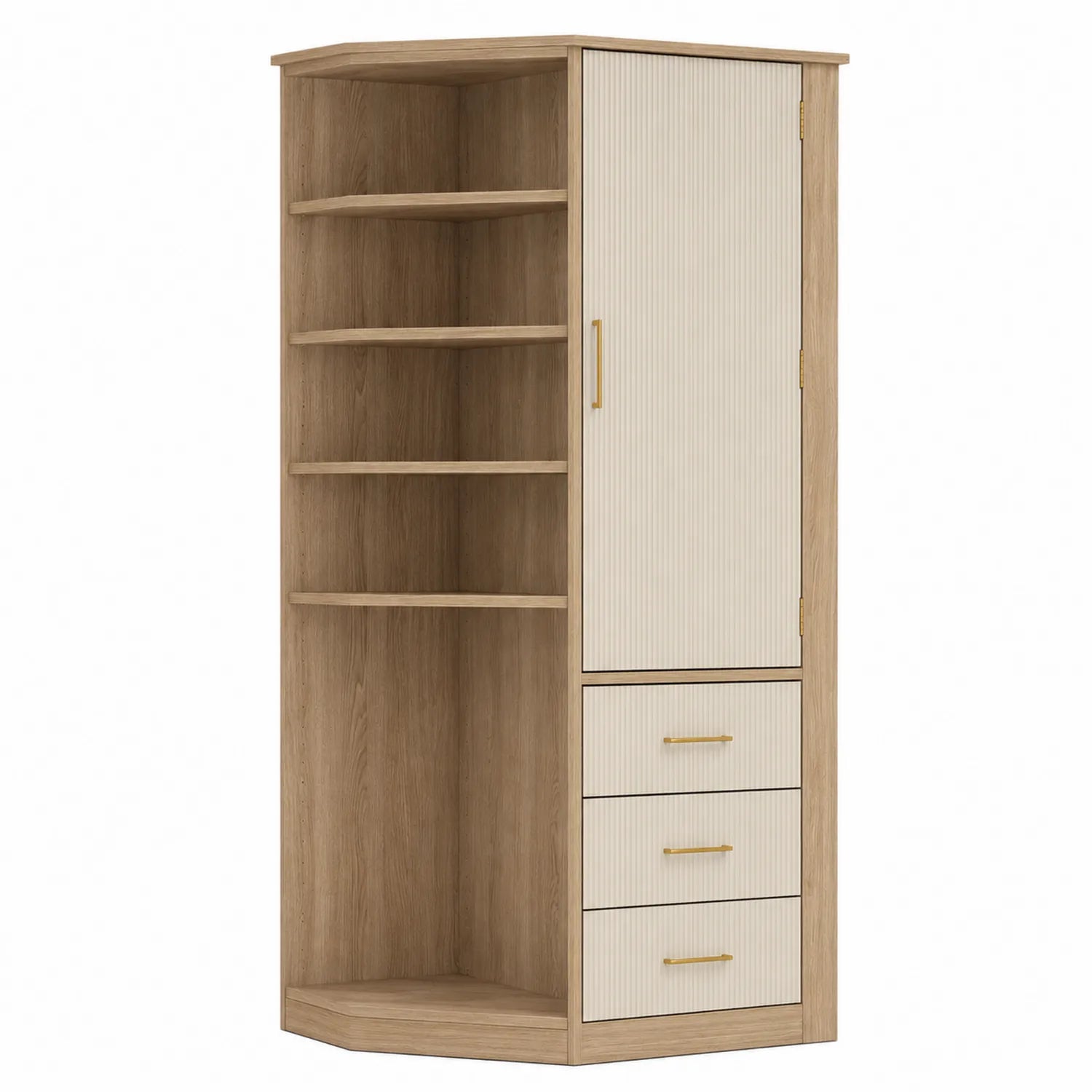 Armoire d'angle en bois avec étagères et tiroirs