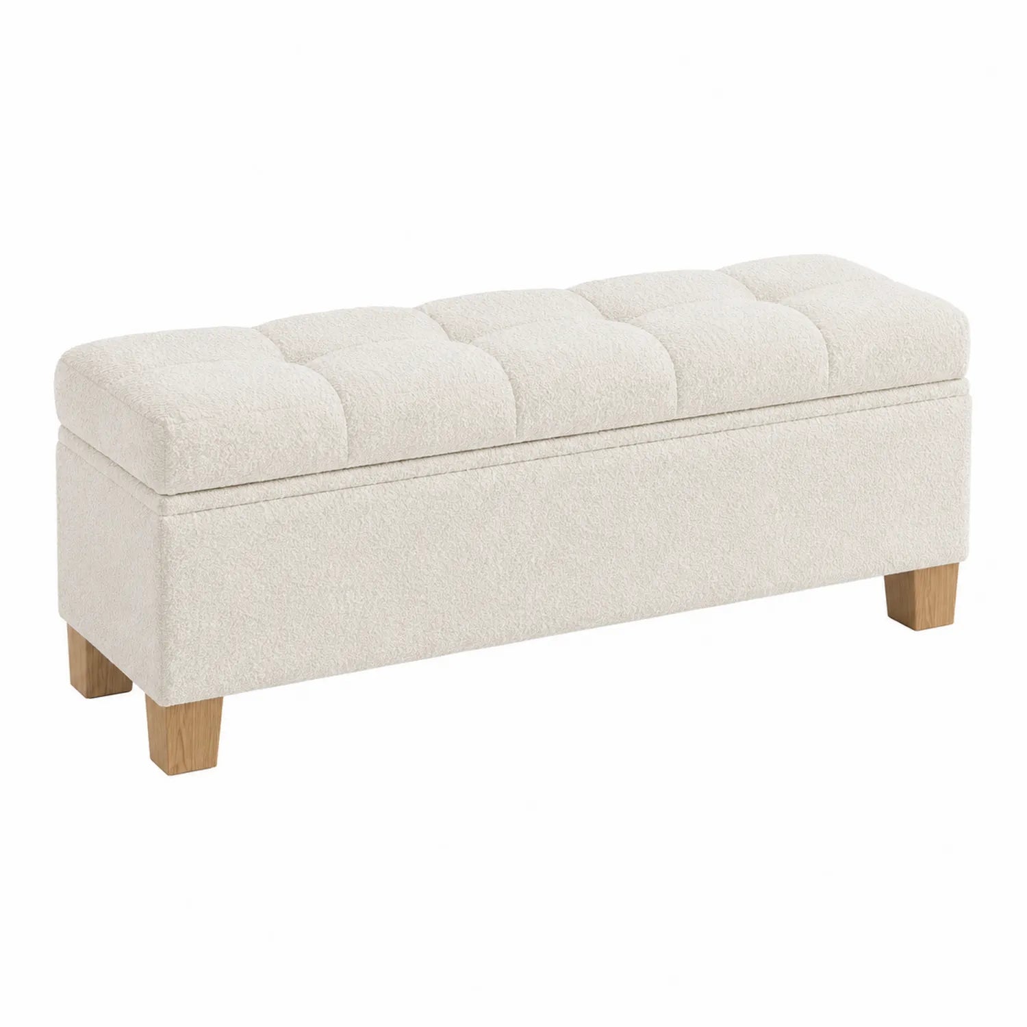 Banc en tissu bouclé blanc avec pieds en bois