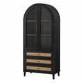 Armoire en bois noir avec portes en verre strié et tiroirs en rotin