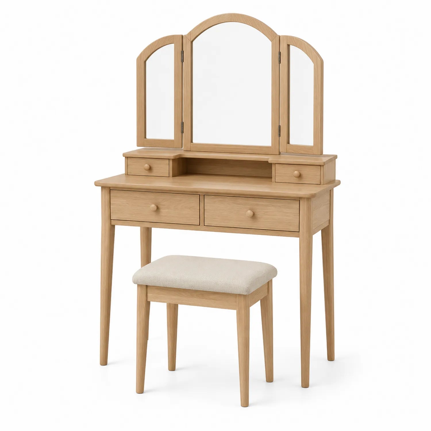 Coiffeuse en chêne avec tabouret et miroir triple