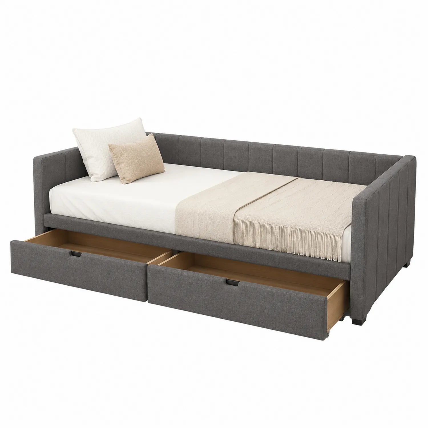 Lit banquette en tissu gris avec tiroirs