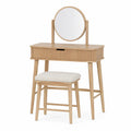 Coiffeuse en bois de hêtre avec miroir rond et tabouret rembourré