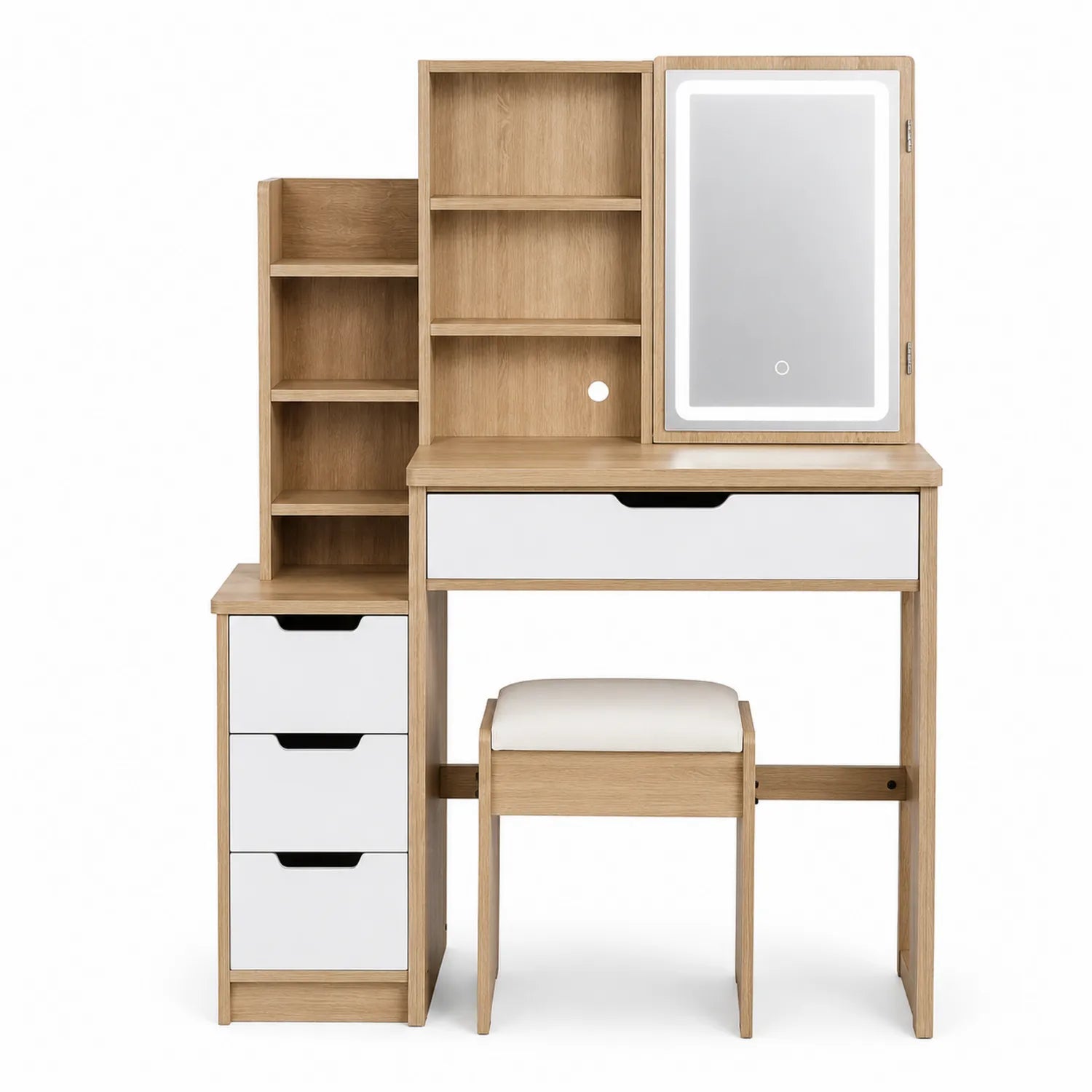 Coiffeuse avec Miroir LED et Tabouret en Chêne Clair et Blanc