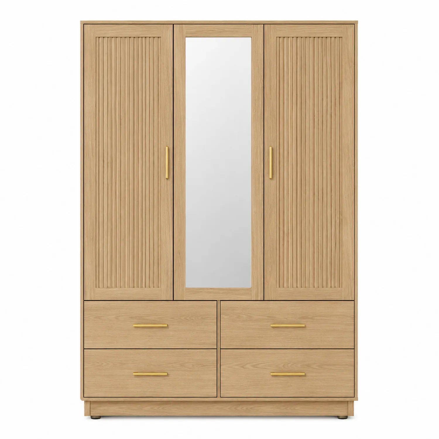 Armoire 3 portes avec miroir en bois clair et 4 tiroirs