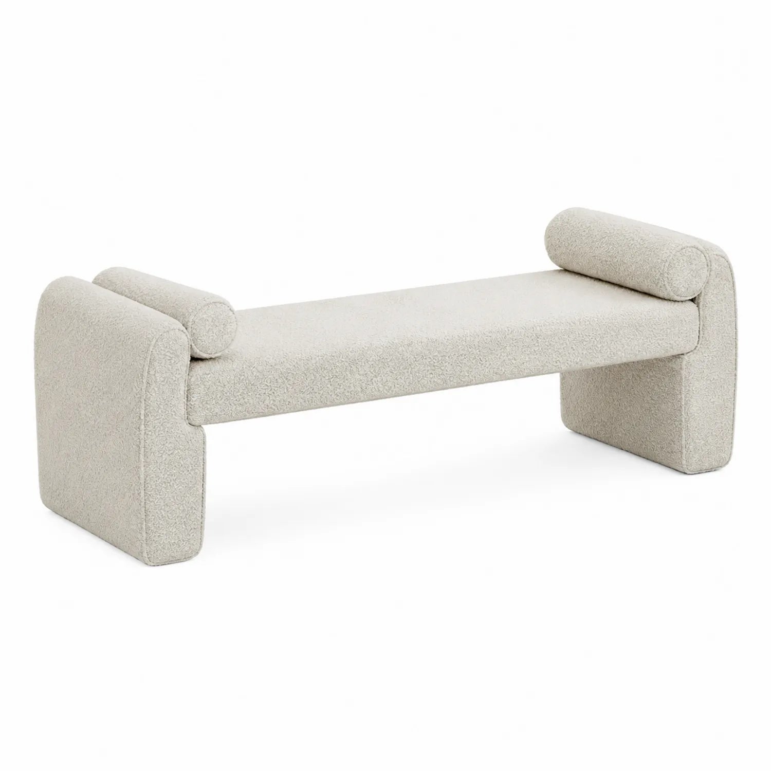 Banc en bouclé beige avec coussins cylindriques 150 cm