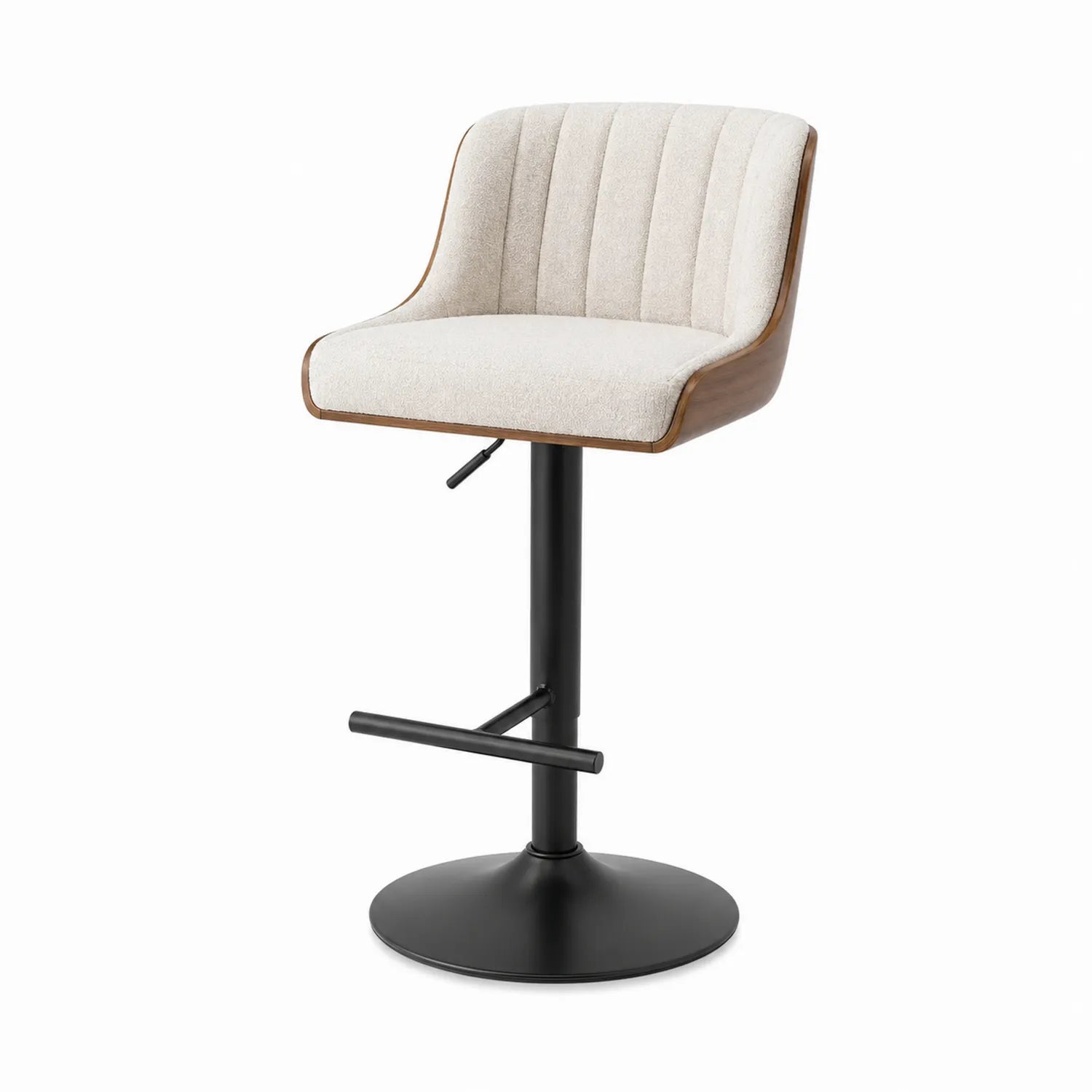 Tabouret de bar en bois et tissu beige avec base en métal noir