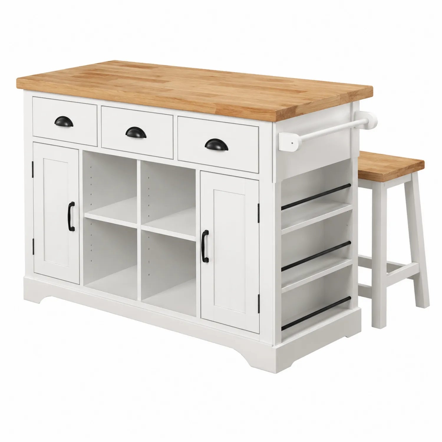Îlot de cuisine en bois avec tabouret Blanc et Chêne 120x60x90 cm