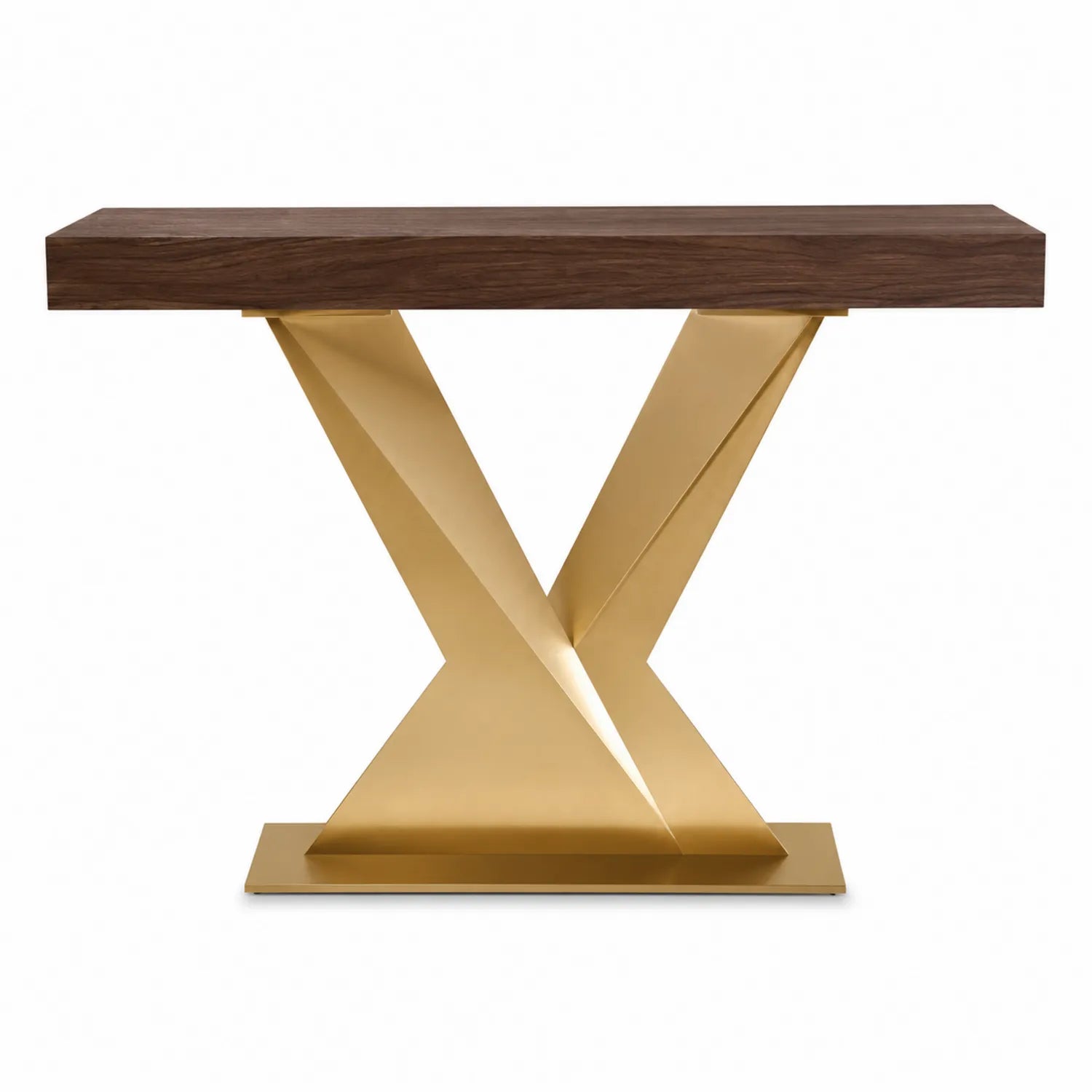 Table console rectangulaire en bois de noyer et métal doré 120 cm