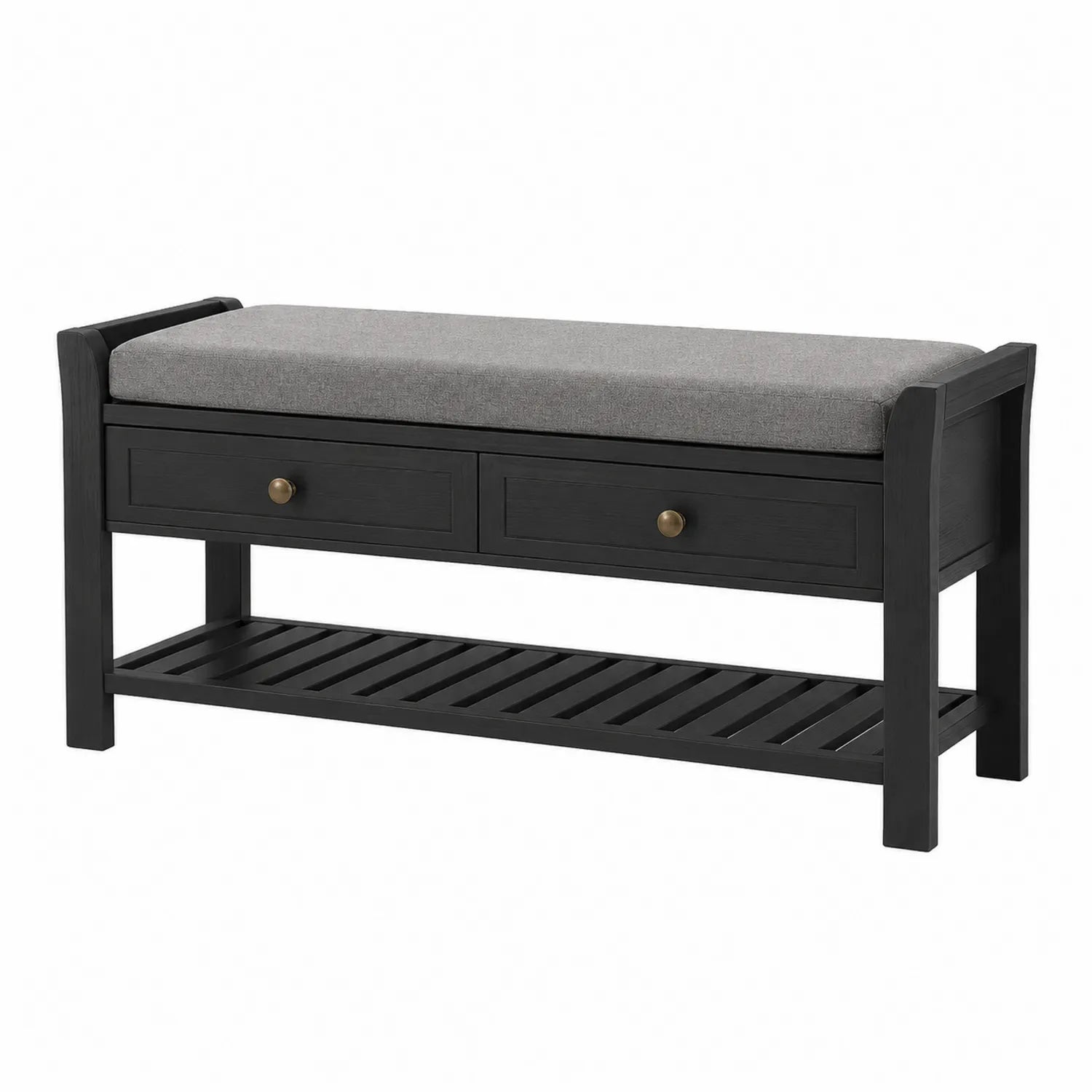 Banc de rangement en bois avec coussin en tissu gris et 2 tiroirs