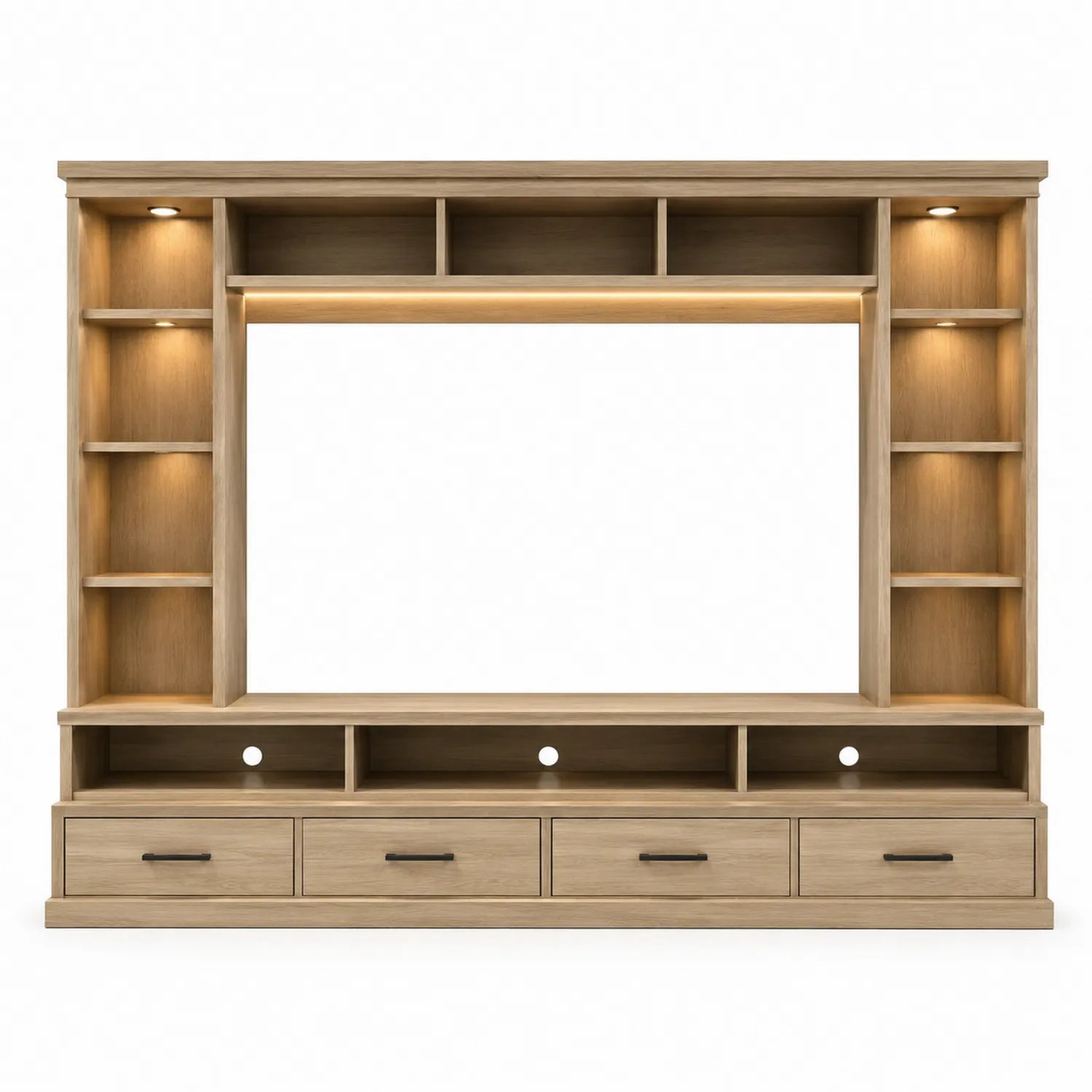 Meuble TV en bois avec étagères et éclairage LED 250x210x45 cm