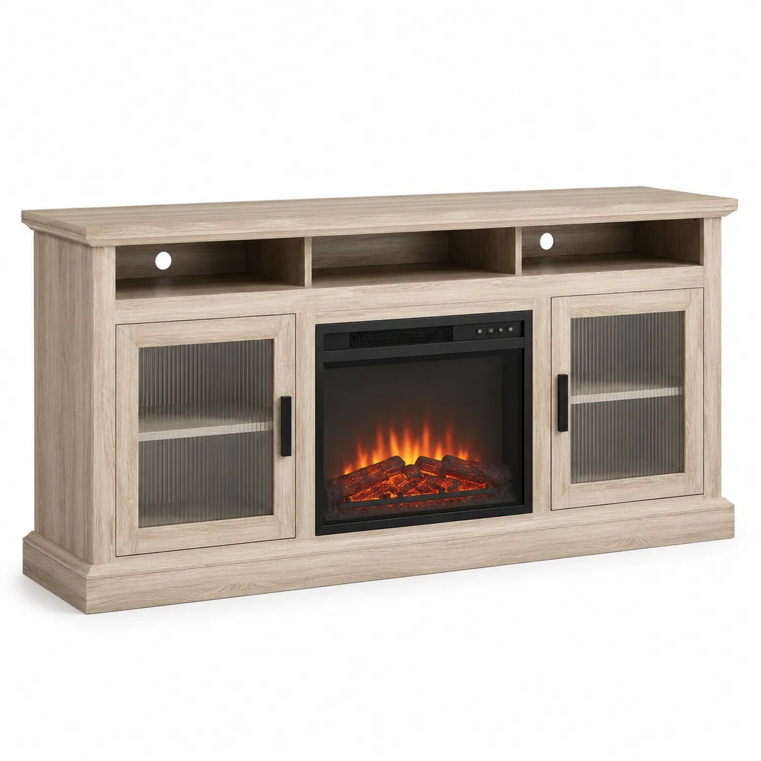 Meuble TV avec cheminée électrique en bois clair et verre cannelé