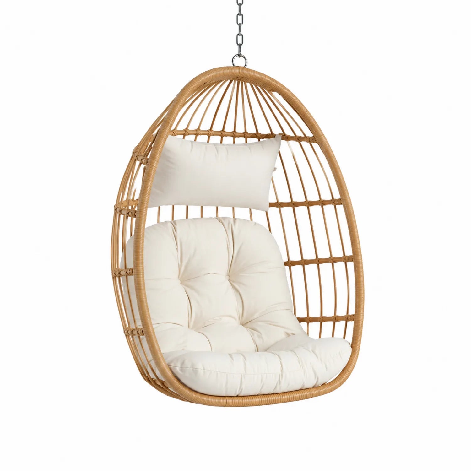 Fauteuil suspendu en rotin avec coussins couleur crème